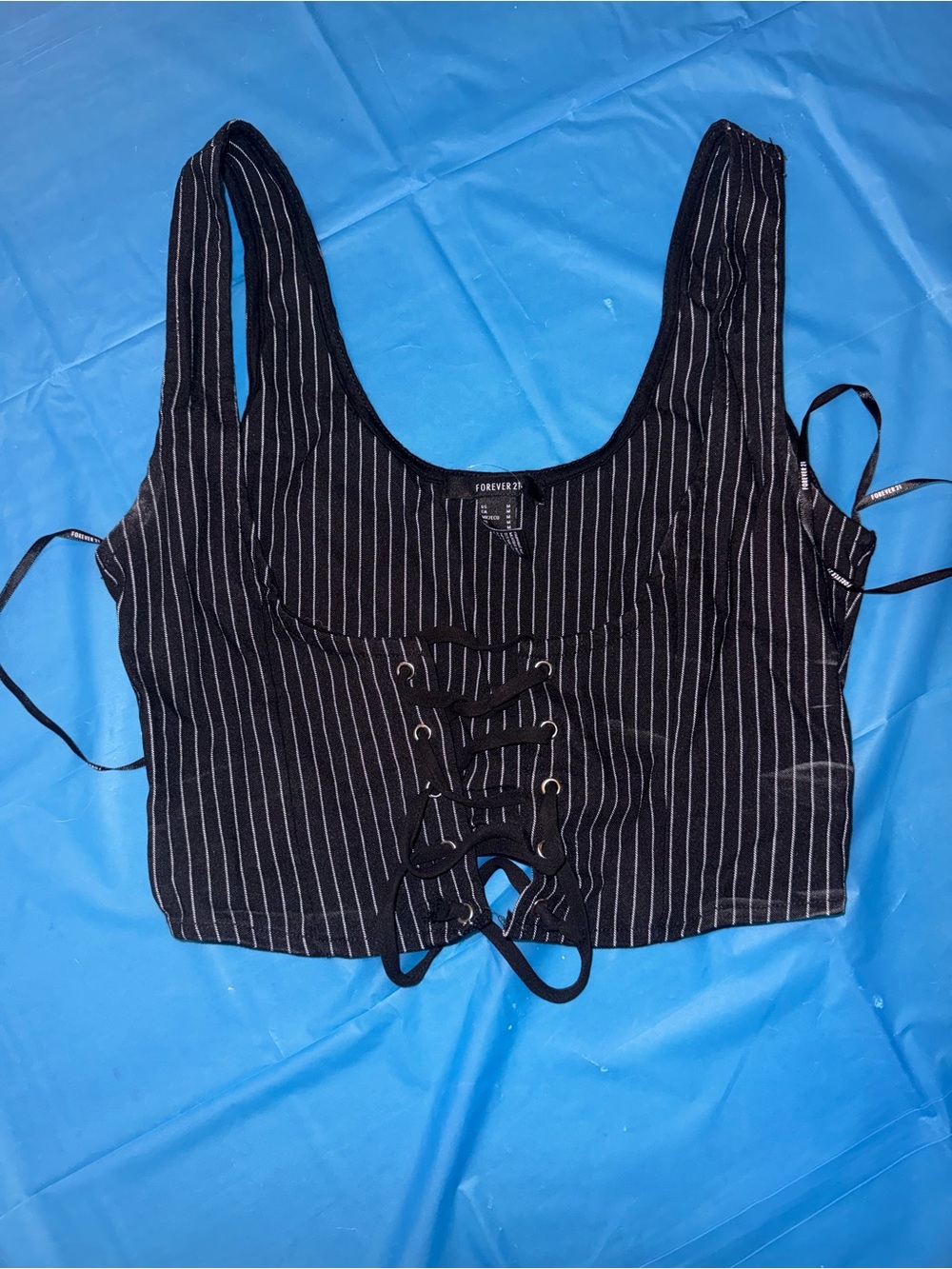 Forever 21 Black Pinstripe Lace-Up Crop Tank
